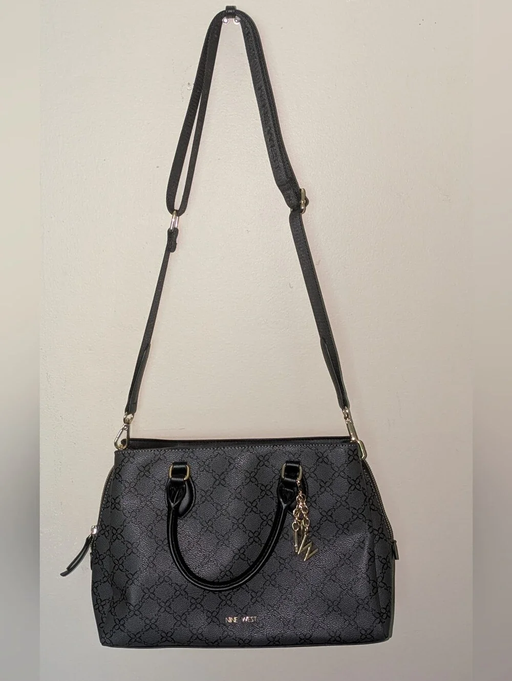 Nine West Black Patterned Satchel with Detachable Strap